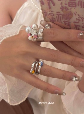 法式复古琉璃花球戒指女复古轻奢高级感开口指环小众食指戒装饰潮