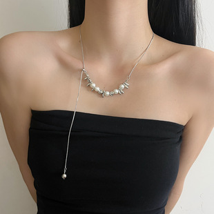 碎银珍珠项链女2024年新款轻奢小众长款可抽拉锁骨链气质毛衣链潮
