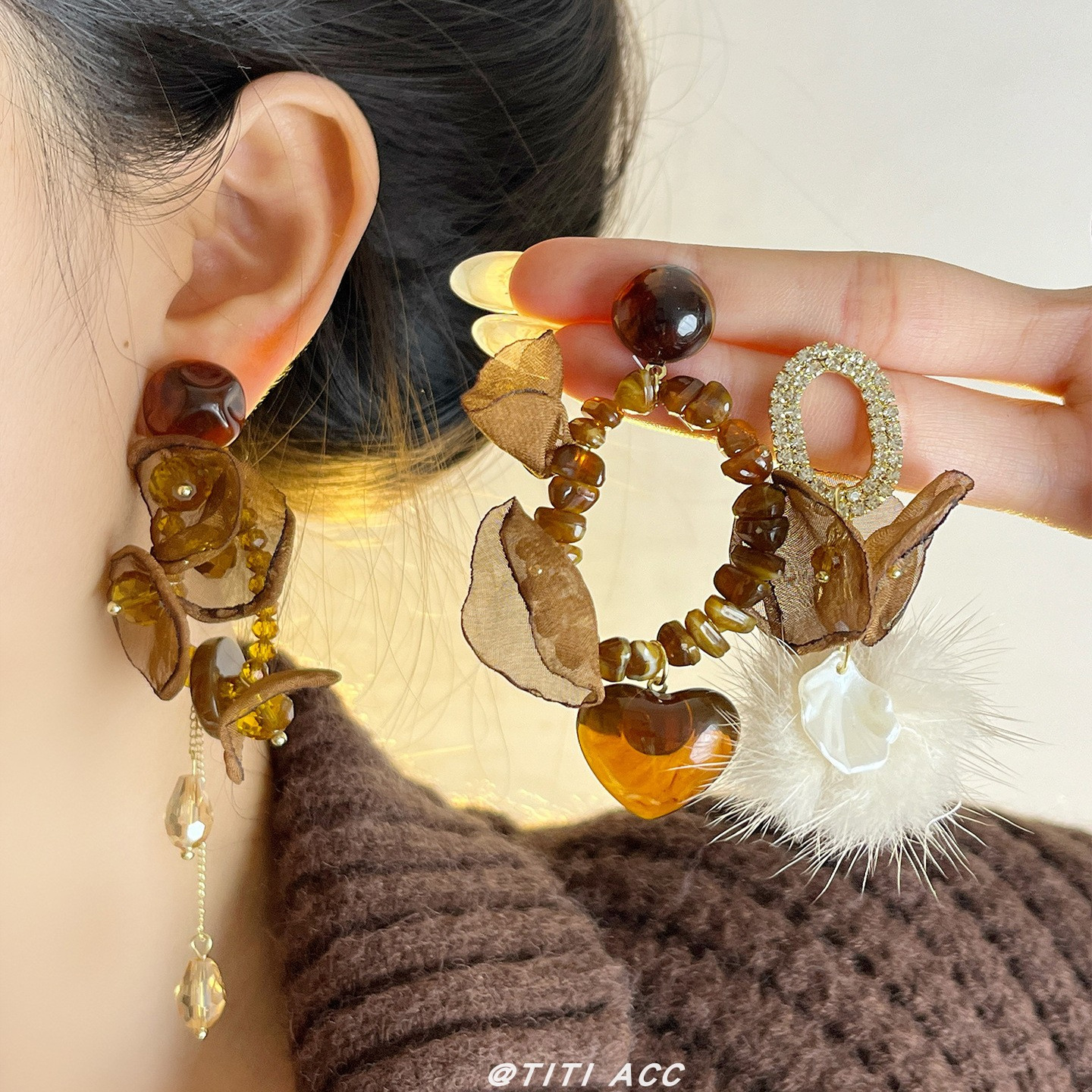 落叶秋实~秋冬美拉德咖色花瓣流苏耳环女2025新款高级感串珠耳饰