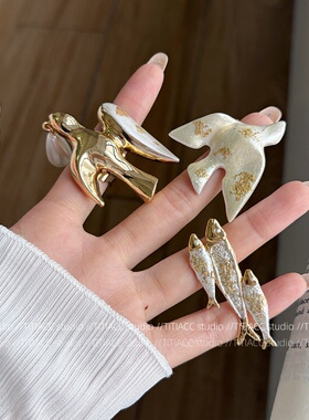 飞鸟与鱼~欧美复古金色沙丁鱼和平鸽戒指夸张大气食指戒小众指环