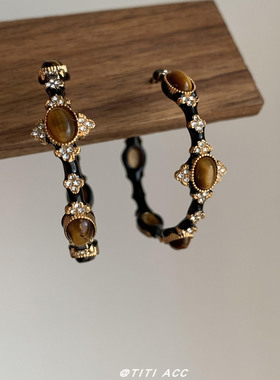 美拉德复古虎眼石耳钉女2025新款高级感耳环耳圈中古vintage耳饰