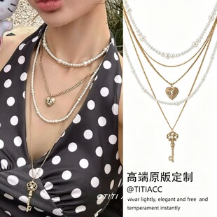 复古金色钥匙锁芯多层珍珠项链小众高级感气质叠戴锁骨链百搭颈链