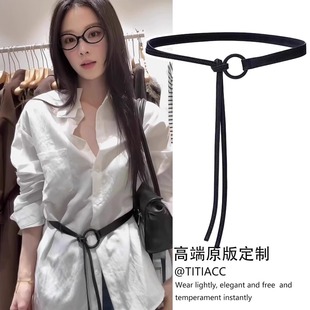 韩系ins风时尚黑色PU皮圆扣细腰带女皮带衬衫裙子设计感腰部配饰