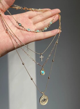 欧美复古镂空花朵十字架项链高级精致多层叠戴锁骨链轻奢小众配饰