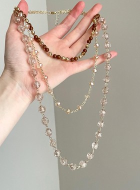 中古vintage金棕串珠项链女复古美拉德咖色锁骨链个性百搭毛衣链