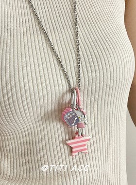 甜美粉色多巴胺kt猫爱心长款项链女小众甜酷少女风百搭锁骨链配饰