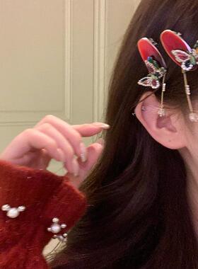 新年红色锆石流苏蝴蝶发夹女新中式侧边夹前额刘海夹发卡发饰头饰