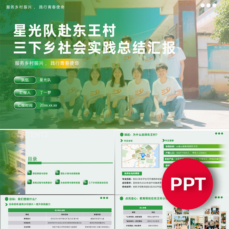 一份20页大学生三下乡汇报答辩ppt大学生社会实践活动课件PPT禹创