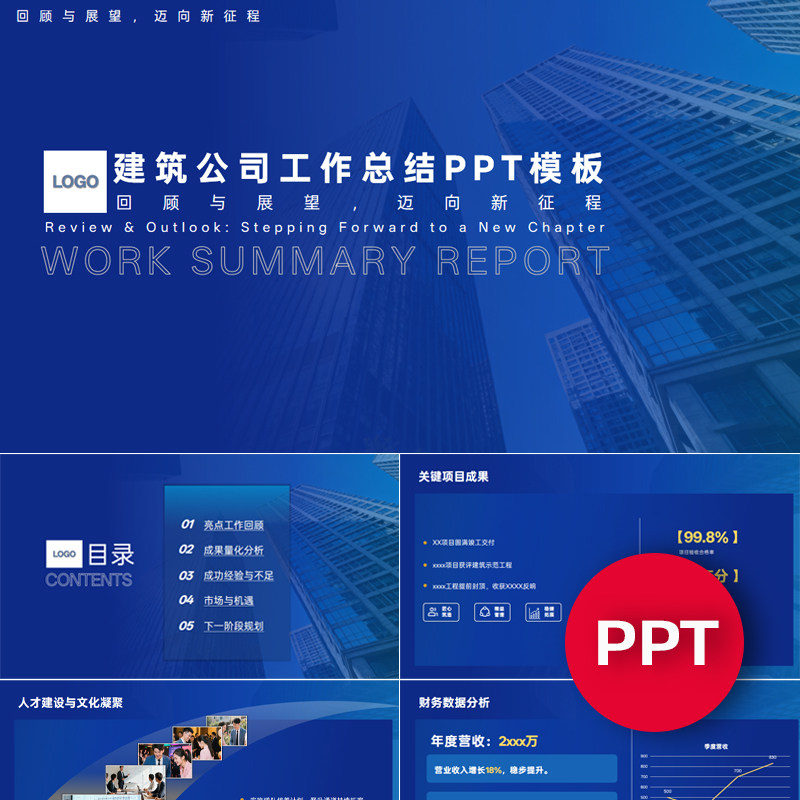 一份20页建筑公司企业年终年中季度月度工作总结汇报PPT模板