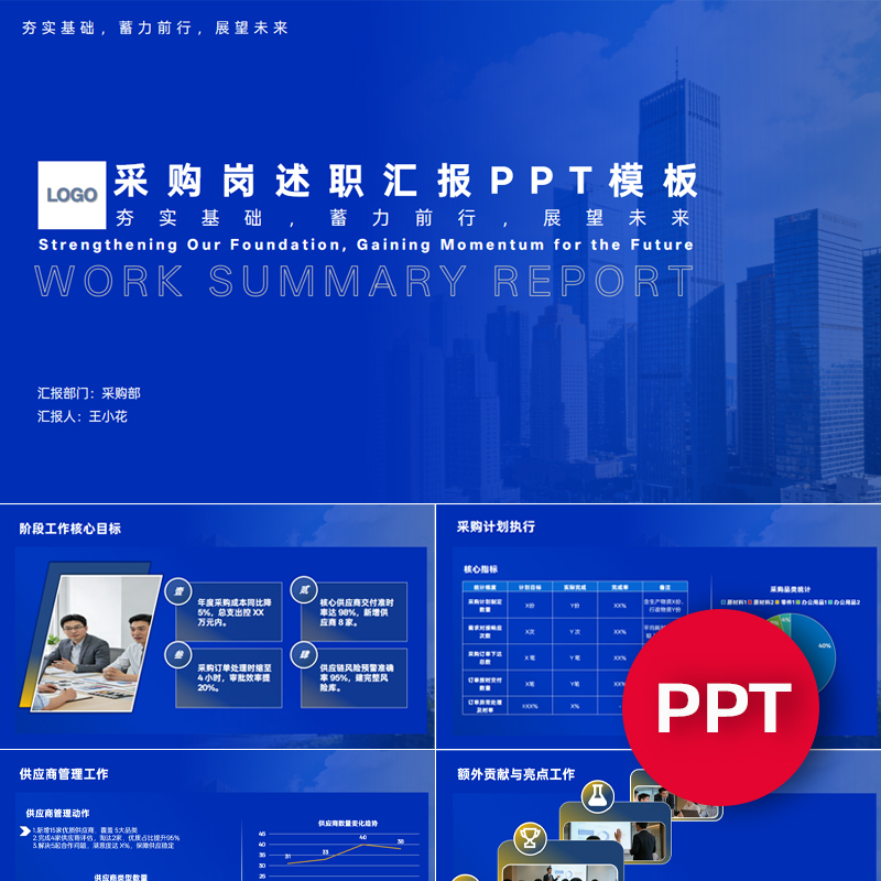 一份16页采购岗专员主管经理述职汇报总结PPT模板年终年中季度PPT