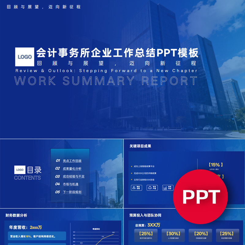 一份20页会计事务所企业年终年中季度月度工作总结汇报PPT模板
