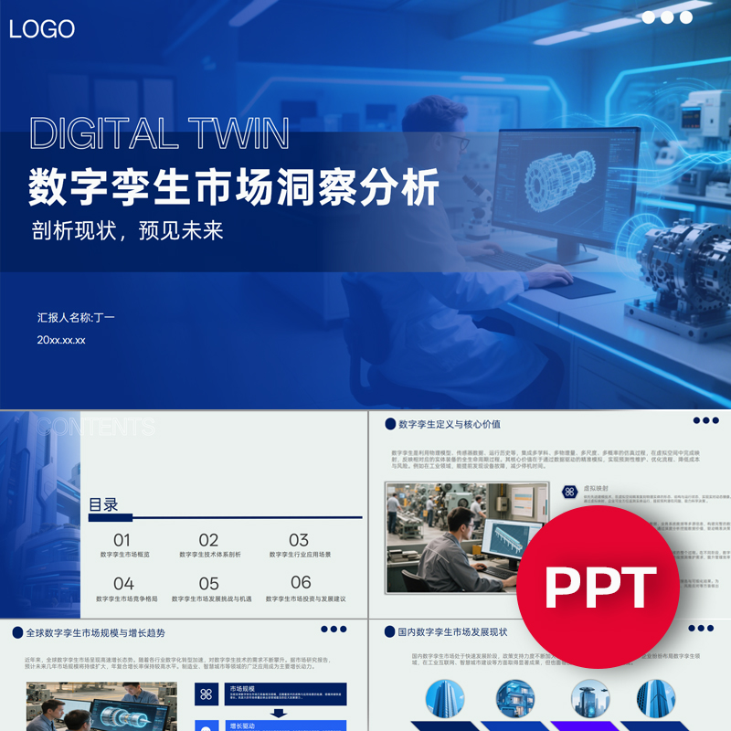 数字孪生市场洞察分析PPT模板蓝色数字镜像虚拟智能孪生课件ppt