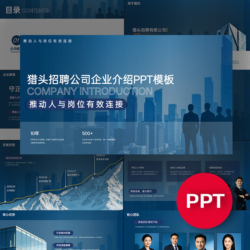 一份20页猎头招聘人力资源人事公司企业介绍PPT模板蓝色商务高端