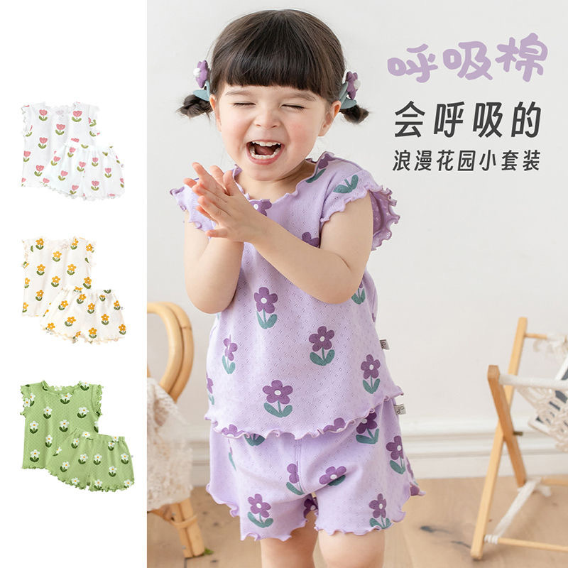 女童睡衣夏季轻薄印花朵儿童短袖短裤家居服女宝宝薄款透气空调