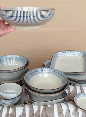日式复古陶瓷餐具家用米饭碗釉下彩菜盘面盘蒸鱼盘水果盘面碗碟子