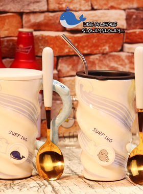 陶瓷杯子海洋马克杯情侣水杯咖啡杯牛奶杯儿童卡通杯早餐杯带盖勺