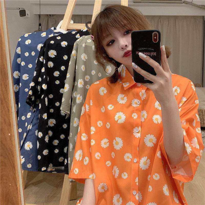 bbr港风小雏菊雪纺衬衫短袖女学生韩版宽松百搭碎花上衣情侣衬衣在类目 女装/女士精品, 衬衫中 - 来自Buy2taobao.com提供专业的淘宝代购服务