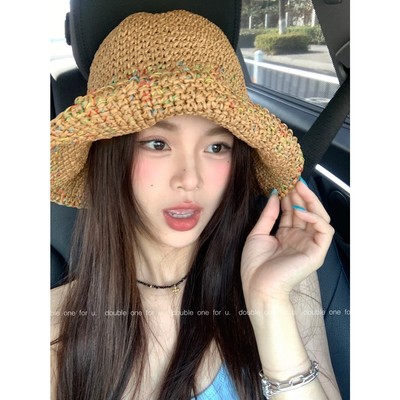 Double11 草编渔夫帽女夏季透气显脸小水桶帽大帽檐遮阳防晒草编