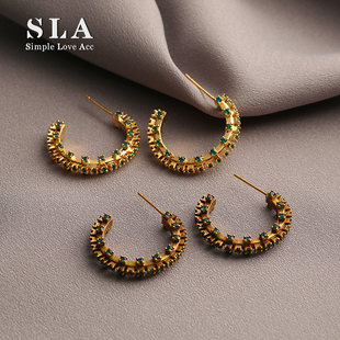 闪钻圈圈复古优雅耳环女 八折 微镶绿锆石银针耳饰 新品