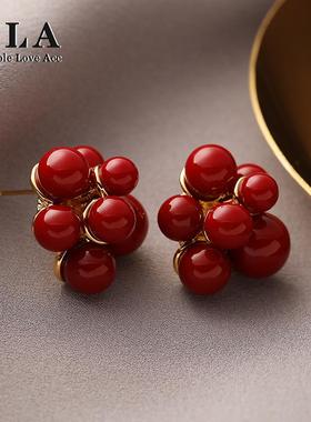 Simple Love Acc私家 法式高级感时尚葡萄状银针本命年红色耳环女
