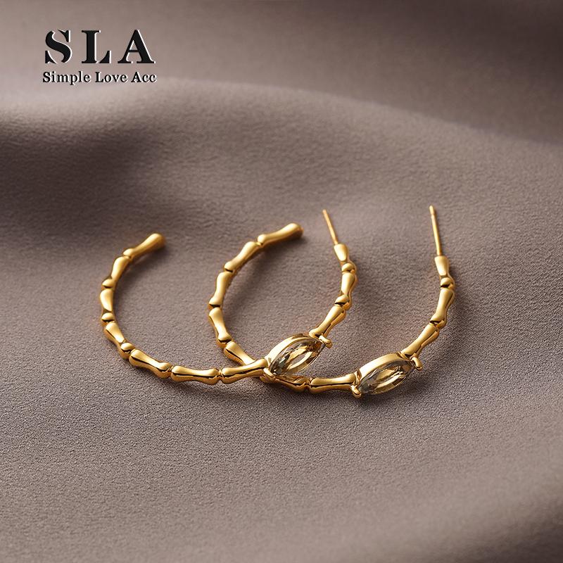 Simple Love Acc私家  竹子设计爆款半圆高级感锆石银针耳环女