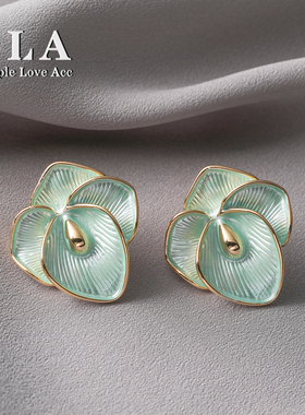 Simple Love Acc私家 法式花朵高级感复古蓝色珐琅滴釉银针耳环女