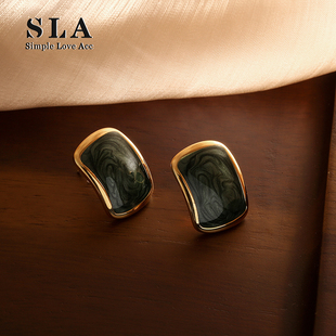 SLA私家 s925银针小众高级高耳钉女 几何方形弧面滴釉工艺墨绿色