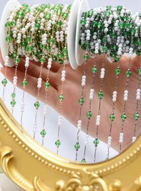 diy链条 绿色水晶珍珠链 全铜 国风敦煌古风流苏步摇西域服饰配件