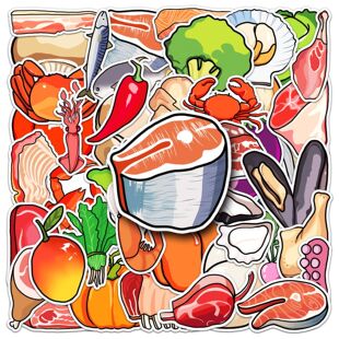 原创手绘卡通生鲜肉类食物美食龙虾螃蟹涂鸦儿童笔记本电脑贴纸