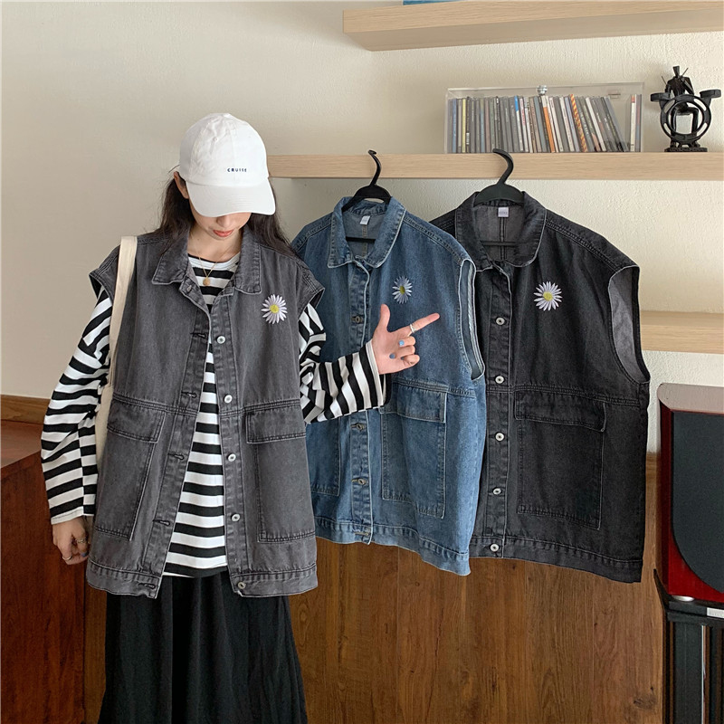 Real shot spring new versatile embroidered Daisy sleeveless coat denim vest cantilevered