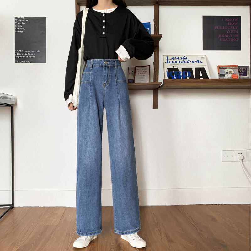 New ins high waisted Retro Blue wide leg pants in spring and Autumn