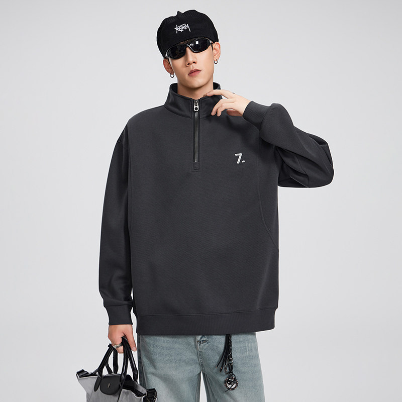 2025新款男士立领半拉链卫衣男高级感重磅加厚痞帅风高领上衣男