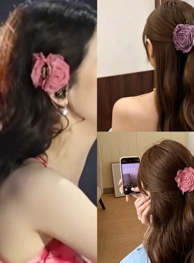金晨同款粉色玫瑰花抓夹女网纱花朵发夹山茶花后脑勺盘发鲨鱼夹子