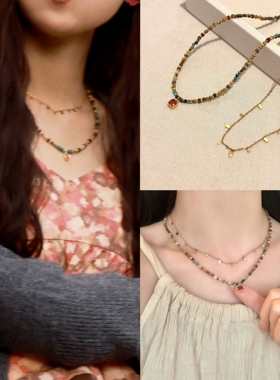 短剧女主翟一莹时安同款项链女复古双层叠戴红色吊坠小串珠锁骨链