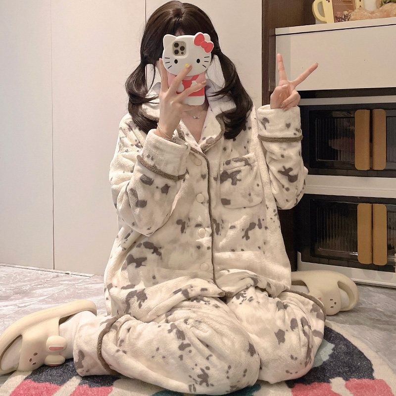 珊瑚绒睡衣女款秋冬季加厚加绒开衫甜美可爱法兰绒冬天家居服套装