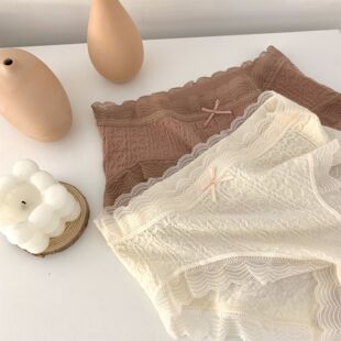 蕾丝奶油泡芙秋冬纯棉裆内裤 法式 女批发透气中腰少女蕾丝女士