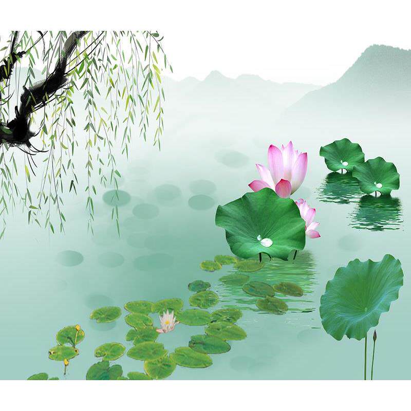 网红主播直播间背景布夏季户外3d立体荷花山水风景高级感拍照墙纸