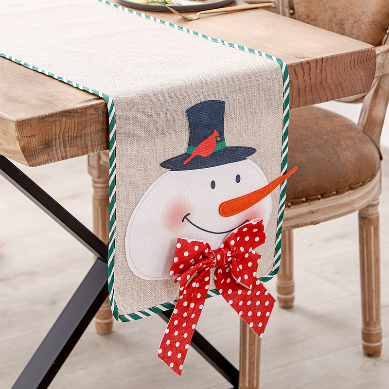 Christmas Linen Santa Snowman Table Flag圣诞麻布老人雪人桌旗