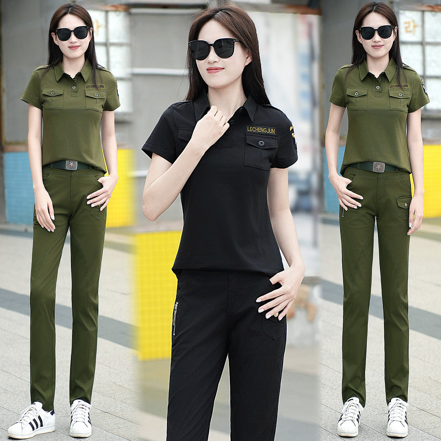 迷彩服短袖套装女士工装潮炸街夏季酷飒风小个子小脚裤显瘦两件套