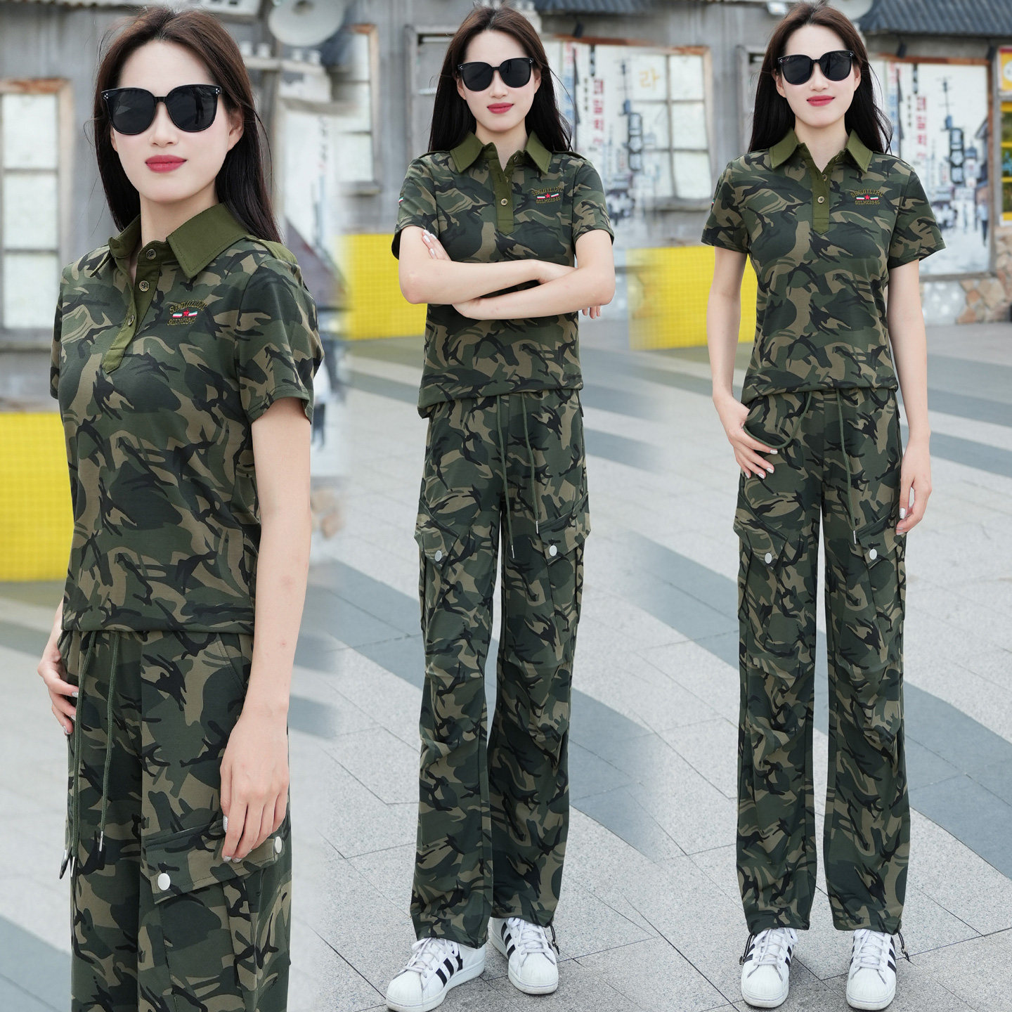 军旅风迷彩服套装女休闲军迷大码翻领迷彩短袖T恤修身显瘦两件套