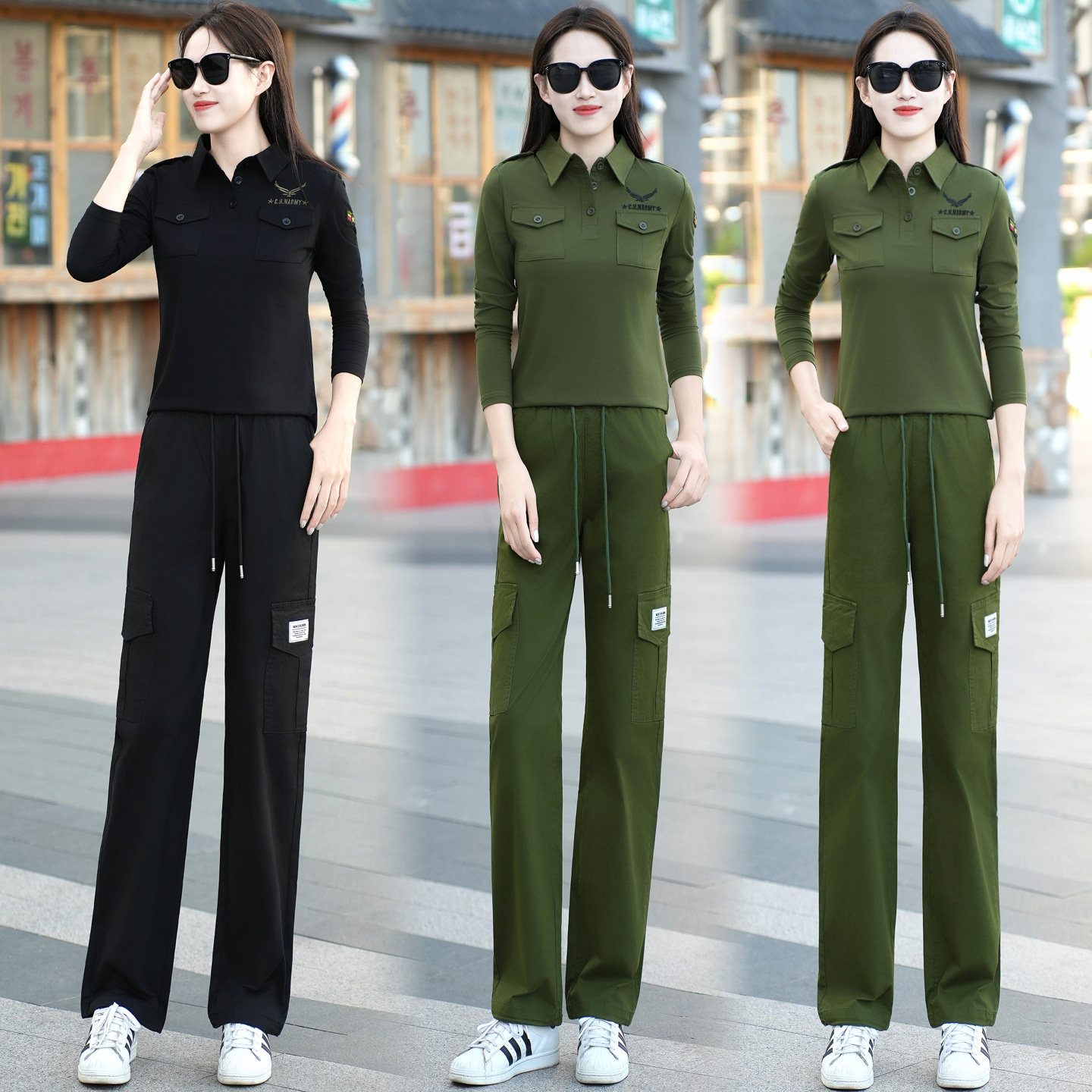 迷彩服套装女长袖工装大码秋衣翻领修身显瘦运动休闲两件套松紧腰