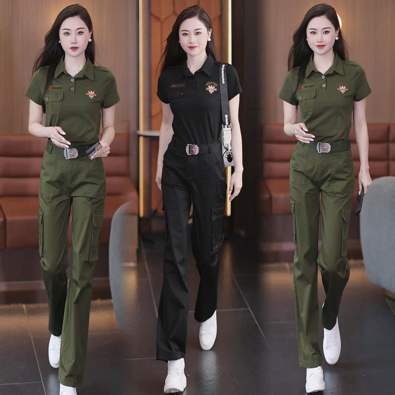 迷彩服套装女士翻领短袖体恤衫