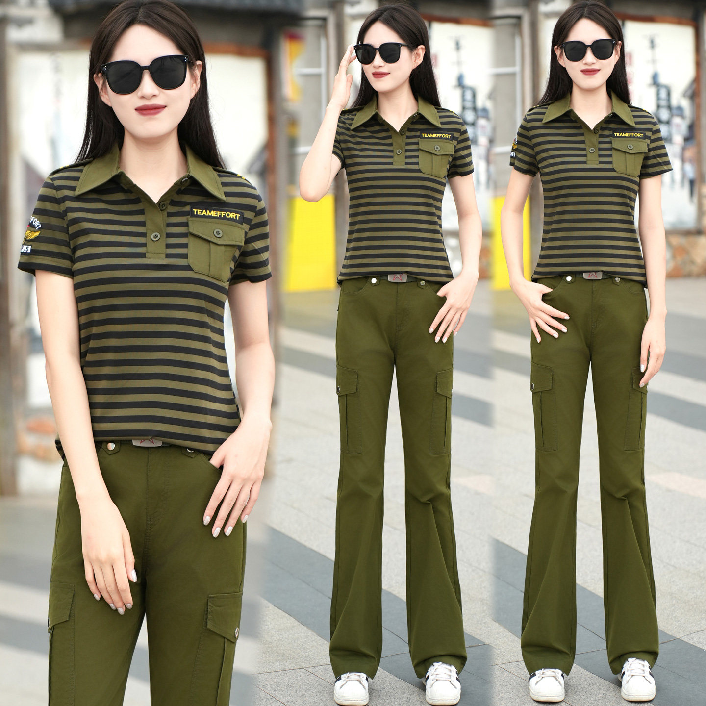 夏季棉质短袖t恤迷彩服套装女半袖口袋工装风微喇裤高级感正肩潮