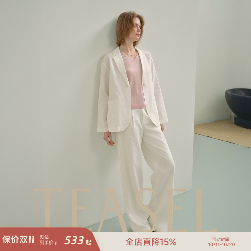 亚麻落肩休闲长袖质感西装套装