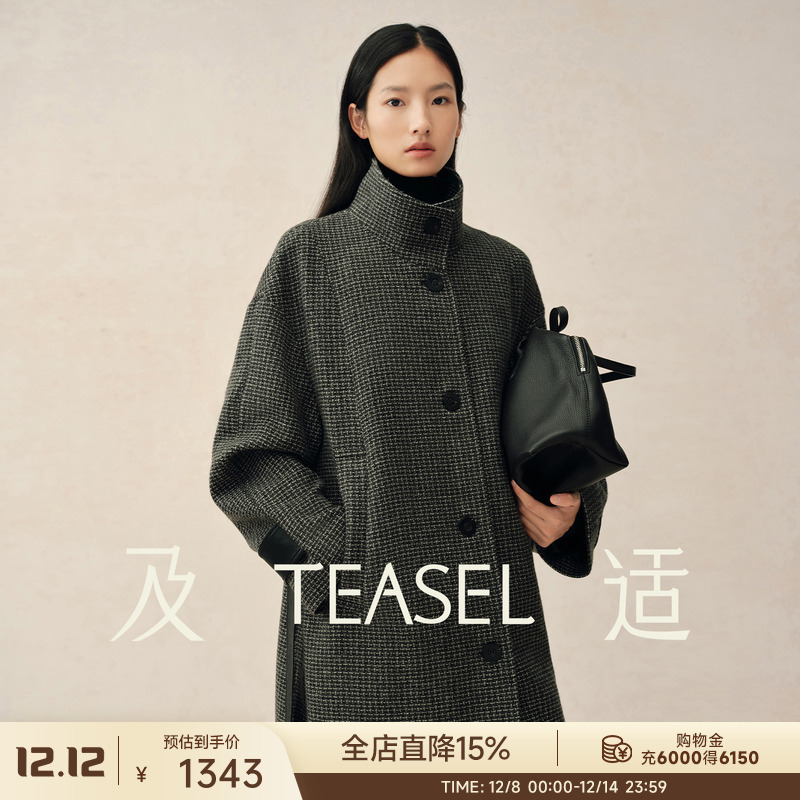 100%澳毛格纹落肩袖松弛大衣外套