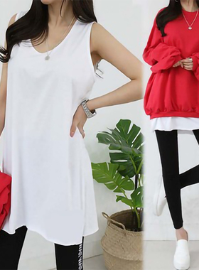 卫衣打底长款背心女无袖长t恤白色宽松遮臀屁帘下摆内搭叠穿神器
