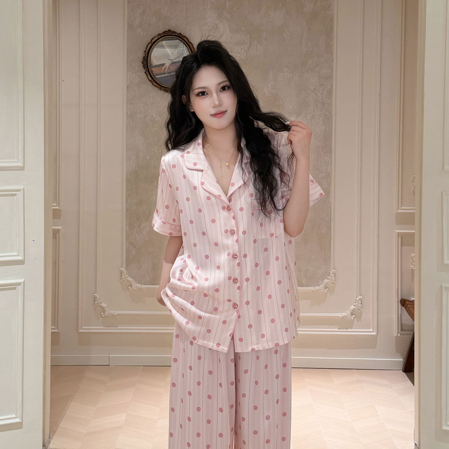 【粉色波点】甜美冰丝睡衣套装
