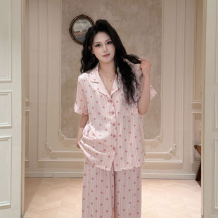 【粉色波点】2026新款春夏甜美风冰丝睡衣女短袖长裤可外穿家居服