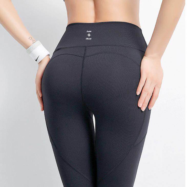外贸女士瑜伽紧身长裤 春夏薄款速干透气 口袋跑步体操九分裤黑色