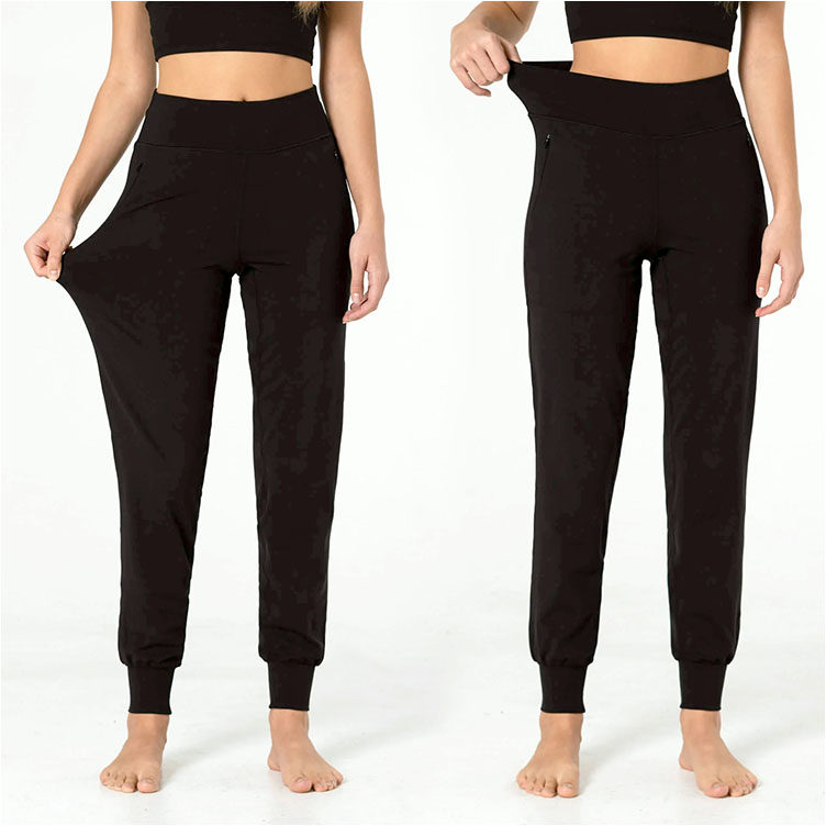 外贸女子运动长裤 拉链口袋束脚宽松健身跑步 速干黑色裤 大码XL